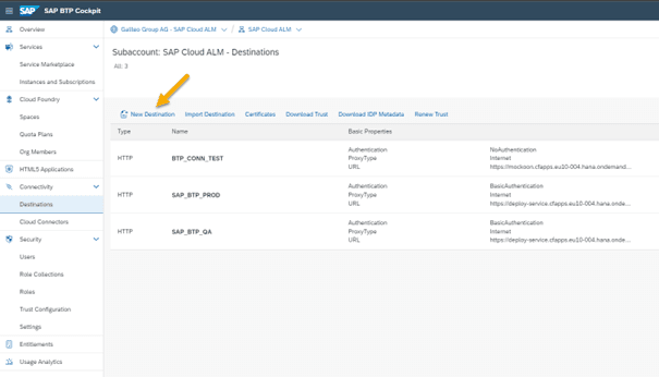 Click on "New Destination" to create a test destination