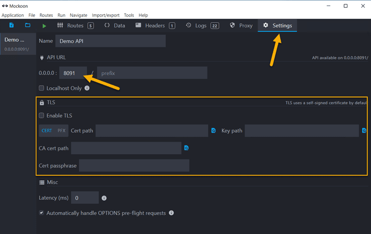 Mockoon enter port and HTTPS setup data